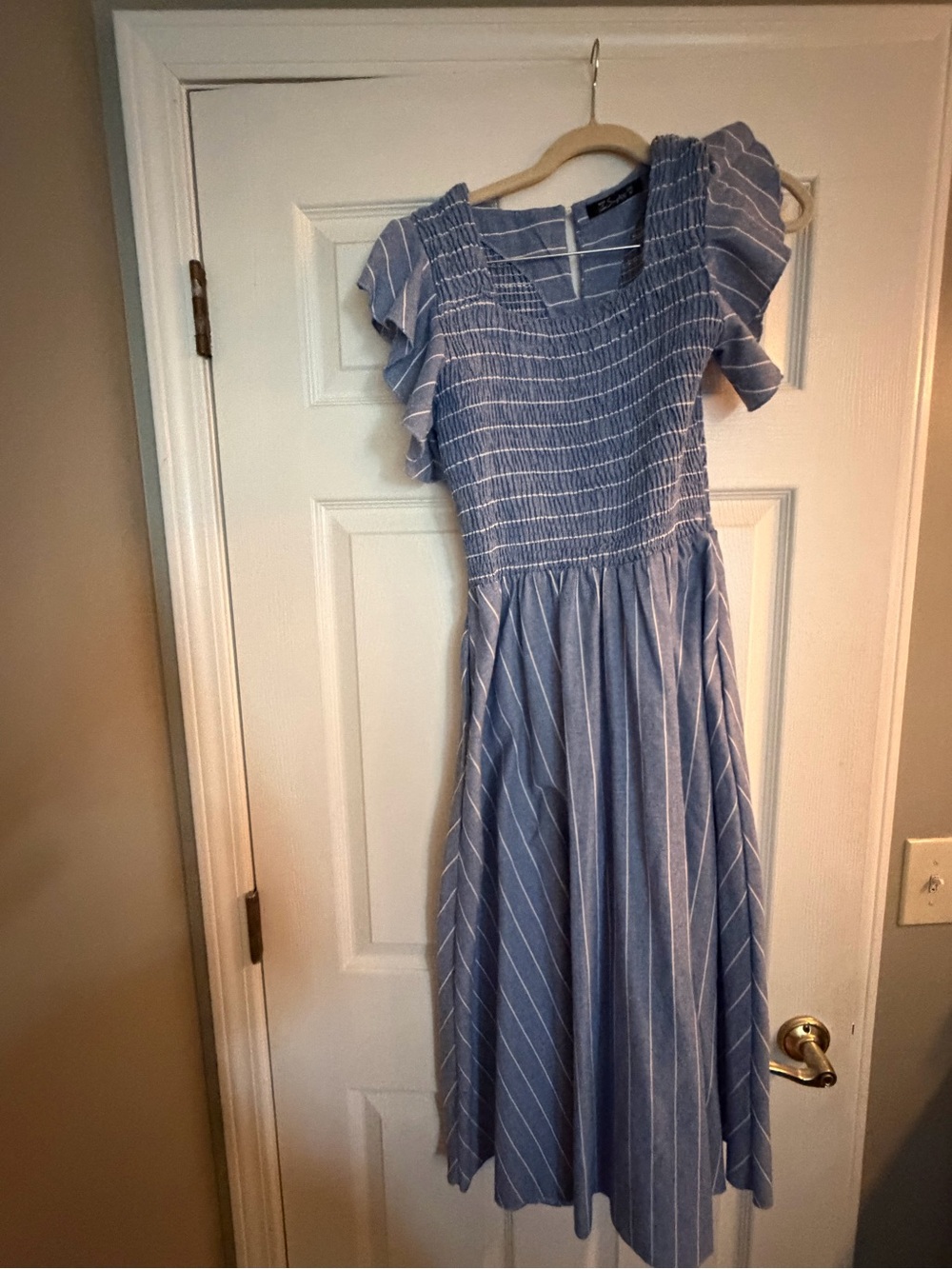 Simple Blue and White Stripe Smocked Midi Dress